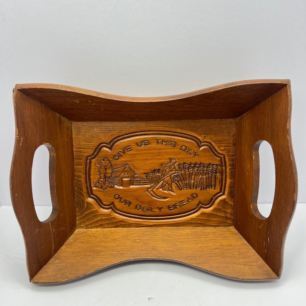 Handmade Wood‎ Bread Tray "Give Us This Day Our Daily Bread" Vintage Relief Farm